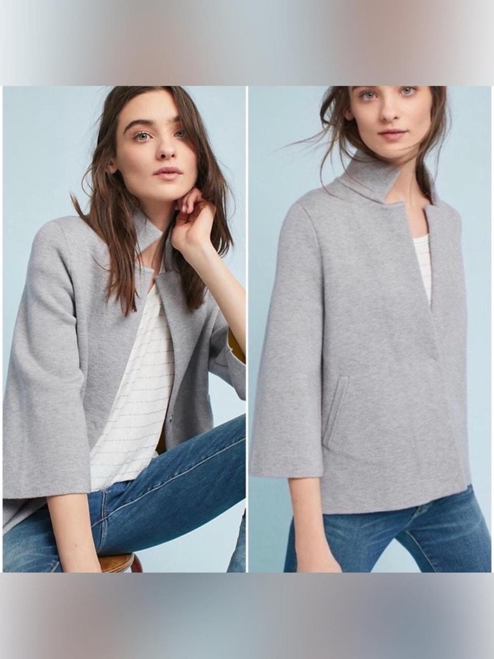 Anthropologie Moth Light Gray Knit Front Sweater Jacket Size L